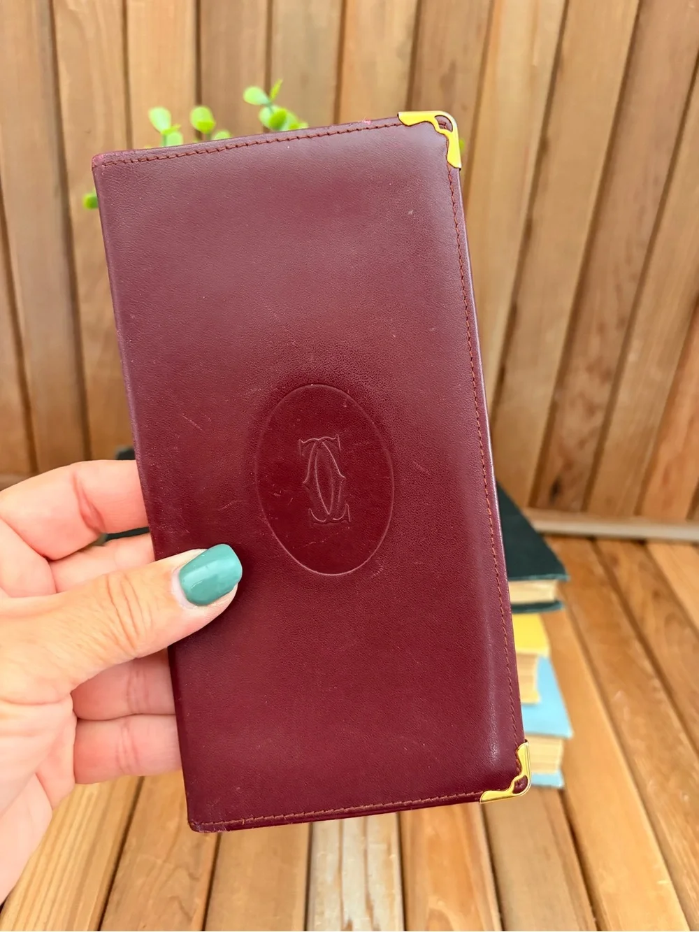 Cartier Paris Vintage Burgundy Leather Long Wallet, Gold Corner